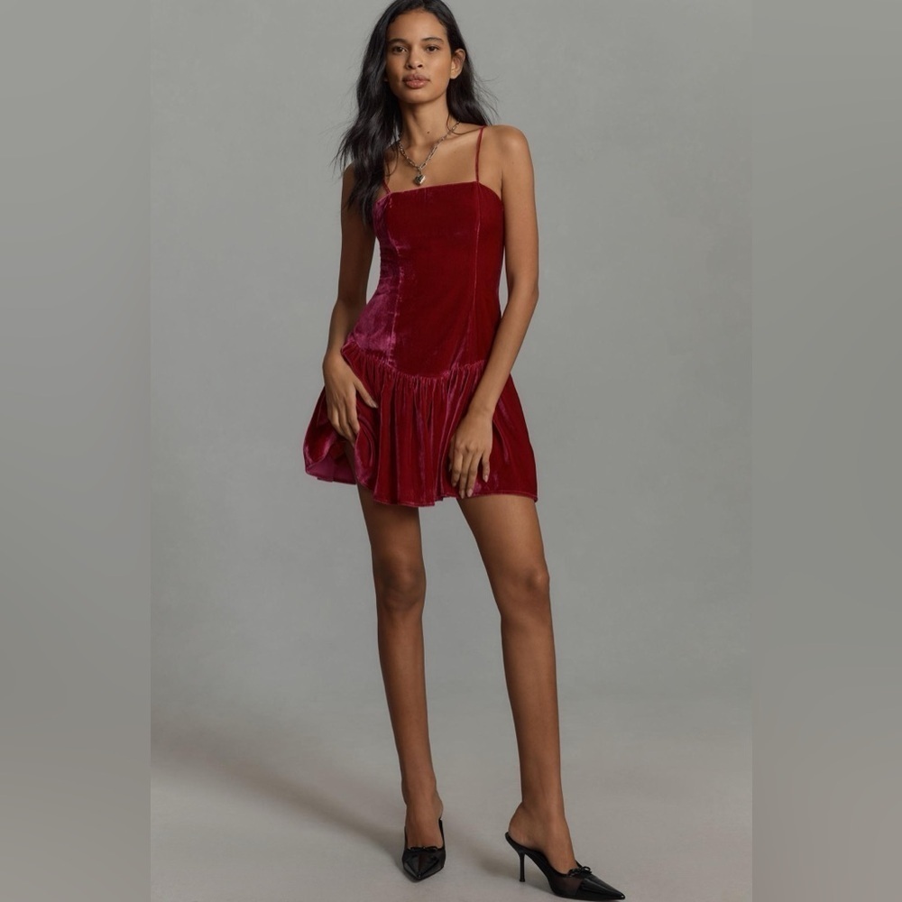NWT! Anthropologie Pink Maeve Drop-Waist Velvet Mini Dress - Size Medium 🟢 - Picture 9 of 11